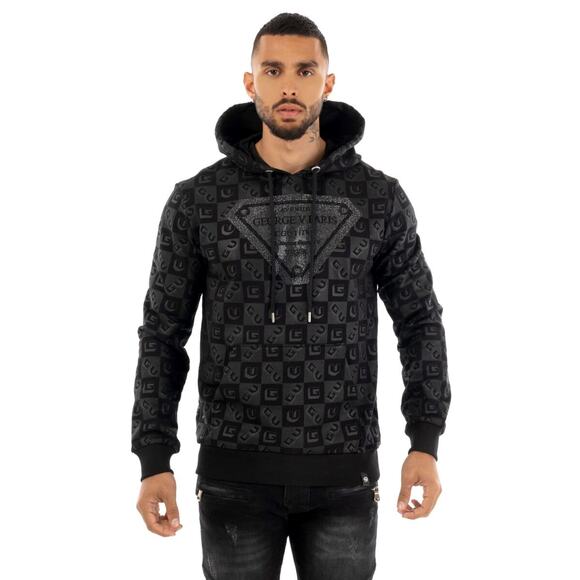 Avenue George V Paris Men's Rhinestone Logo All Over Print Hoodie Sweatshirt - Picture 1 of 2